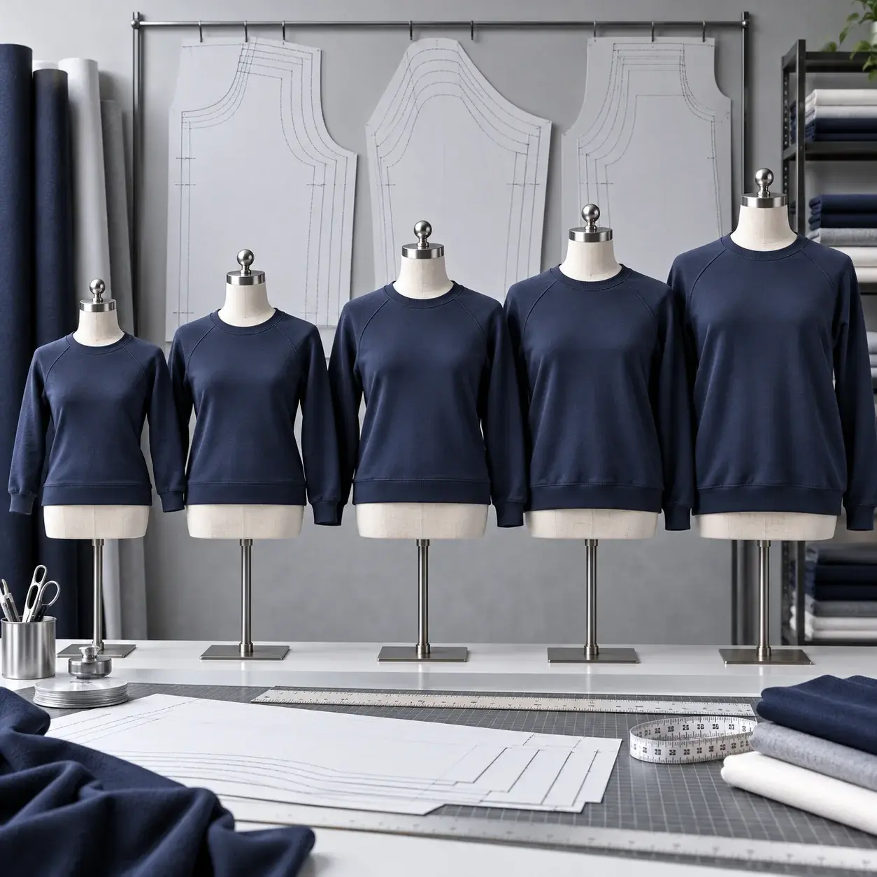 Five navy blue crewneck sweatshirts displayed on mannequins in progressively larger sizes, with graded garment patterns, measuring tape, fabric rolls, and tailoring tools in a custom cut-and-sew clothing manufacturing studio.